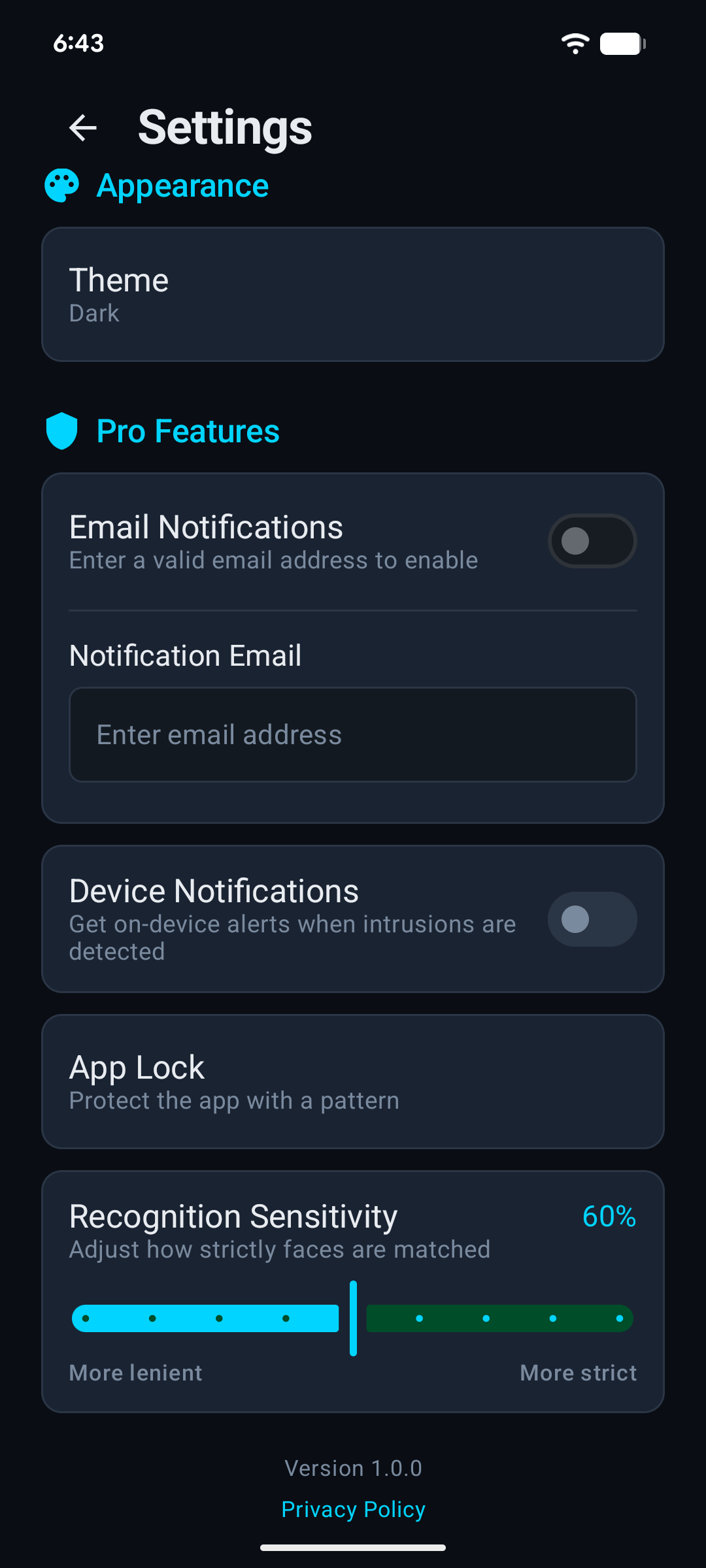 Settings screen